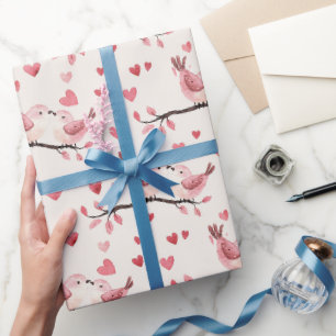 Pink Hearts Love Birds Valentine's Day Wedding Wrapping Paper