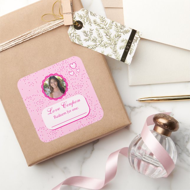Pink Hearts Love Coupons with Photo Square Sticker (Gifting)