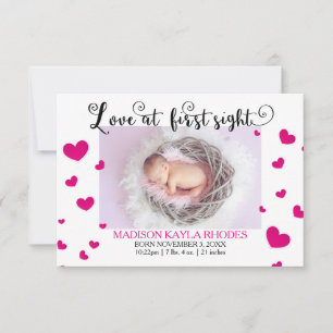 Pink Hearts Love First Sight-3x5Birth Announcement