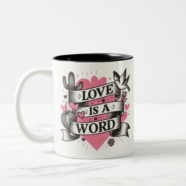 Pink hearts love is a Word Succulent doves Two-Tone Coffee Mug (Left)