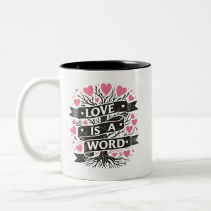 Pink hearts love is a Word Tree Two-Tone Coffee Mug