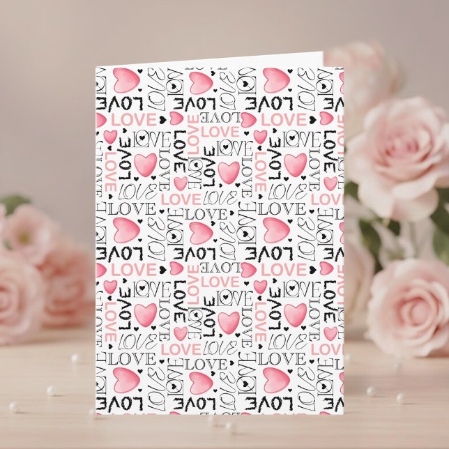 Pink Hearts Love Script Pattern Happy Valentine's  Holiday Card (Creator Uploaded)