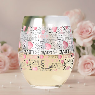 Pink Hearts Love Script Pattern Happy Valentine's  Stemless Wine Glass