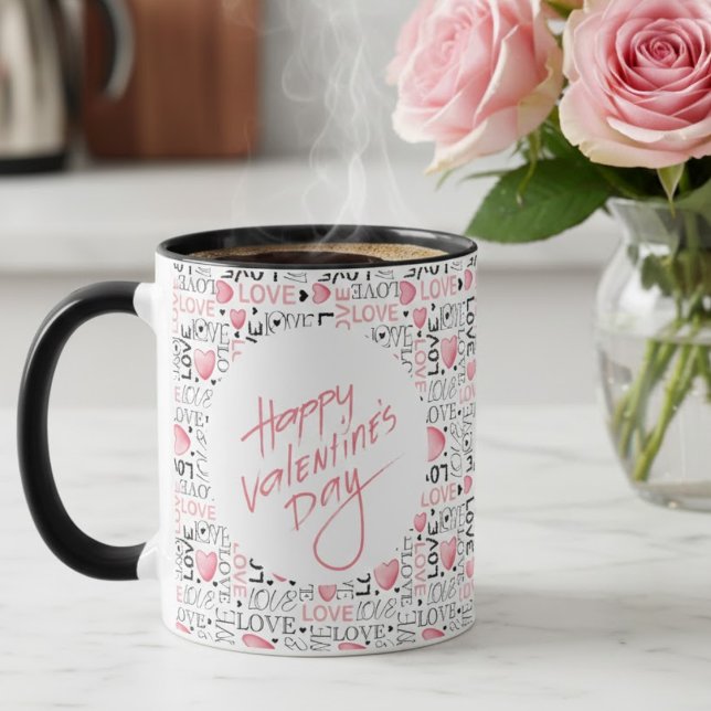 Pink Hearts Love Typography Happy Valentine's Day Mug (Creator Uploaded)