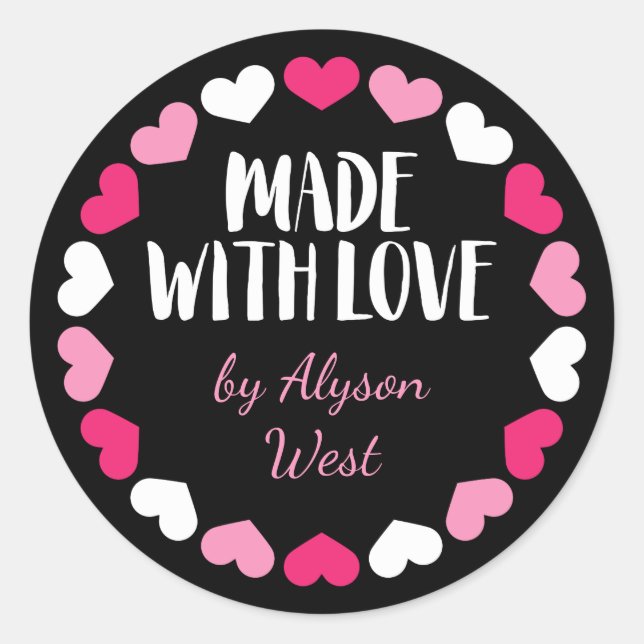 Pink Hearts Made with Love Custom Name Classic Round Sticker (Front)