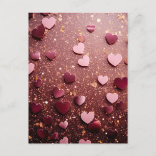 pink hearts on a pink and golden glitter ground postcard