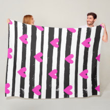 Pink Hearts on Black and White Stripes