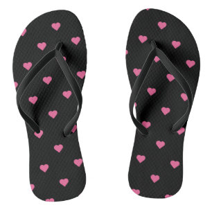 Pink Hearts on Black Flip Flops