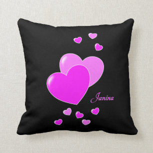 Pink Hearts On Black For Girls, Name Template Cushion