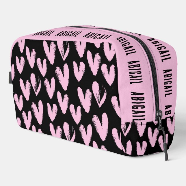 Pink Hearts On Black With Custom Name Dopp Kit (Right Corner)