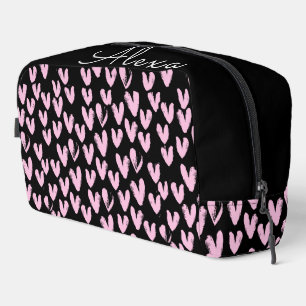 Pink Hearts On Black With Custom Name Dopp Kit
