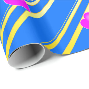 Pink Hearts on Blue Background Gold Stripes Wrapping Paper