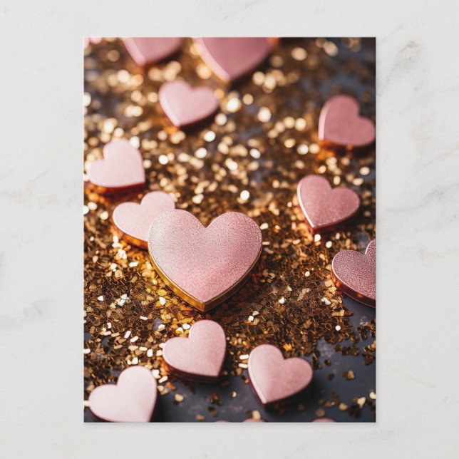Pink hearts on golden glitter ground Valentine's Postcard (Front)