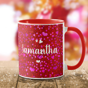 Pink hearts on red glitter add your name script mug