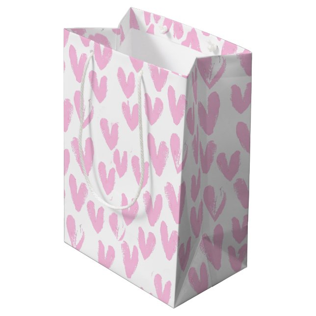 Pink Hearts On White Medium Gift Bag (Back Angled)