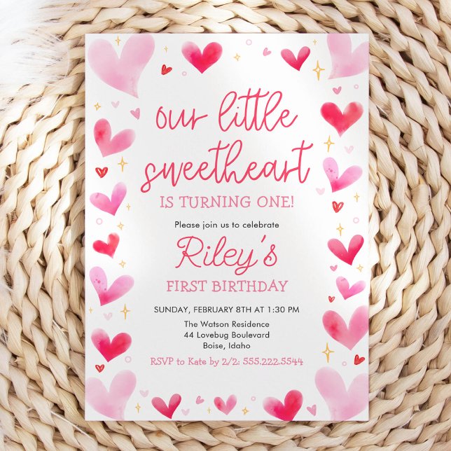 Pink Hearts Our Little Sweetheart Birthday Invitation (Creator Uploaded)