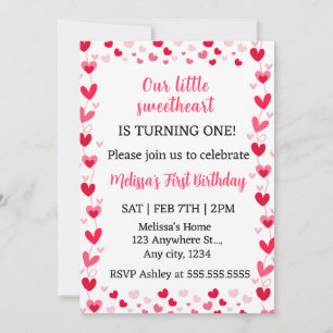 Pink Hearts Our Little Sweetheart Birthday Invite 