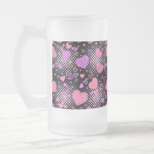 Pink Hearts Pattern 01 Black BG Frosted Glass Beer Mug