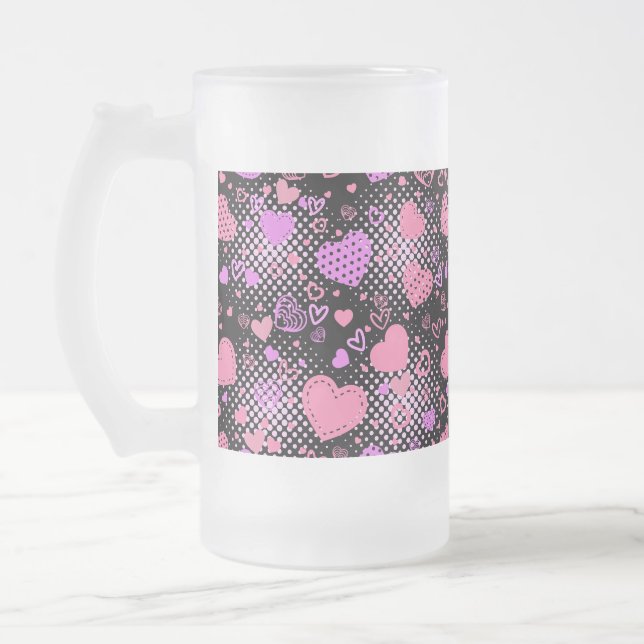 Pink Hearts Pattern 01 Black BG Frosted Glass Beer Mug (Left)