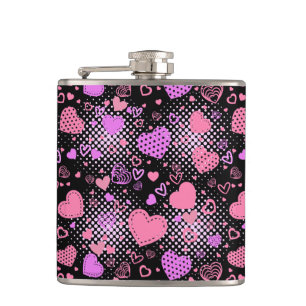 Pink Hearts Pattern 01 Black BG Hip Flask