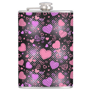 Pink Hearts Pattern 01 Black BG Hip Flask