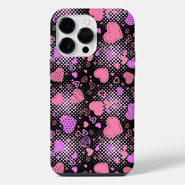 Pink Hearts Pattern 01 Black BG iPhone Case (Back)