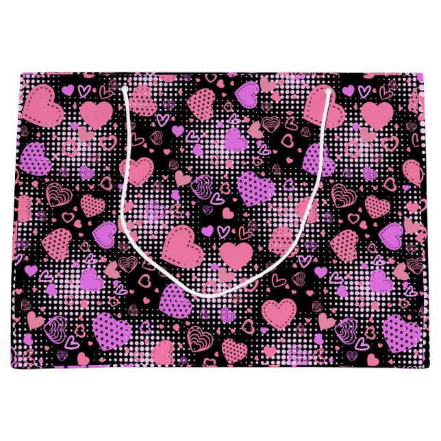 Pink Hearts Pattern 01 Black BG Large Gift Bag (Front)