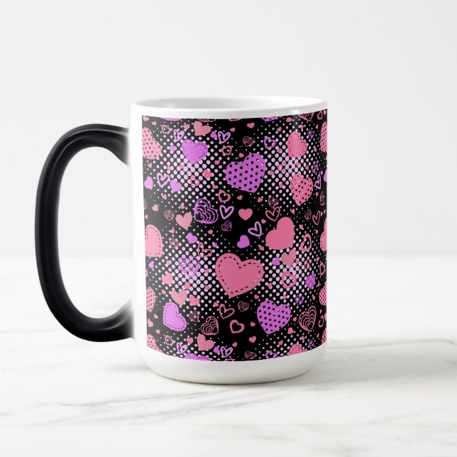 Pink Hearts Pattern 01 Black BG Magic Mug (Left)