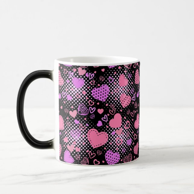 Pink Hearts Pattern 01 Black BG Magic Mug (Left)