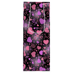 Pink Hearts Pattern 01 Black BG Wine Gift Bag