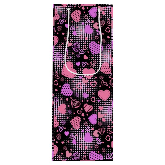 Pink Hearts Pattern 01 Black BG Wine Gift Bag (Front)
