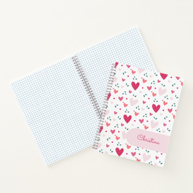 Pink Hearts Pattern Girly Custom Name Notebook (Inside)