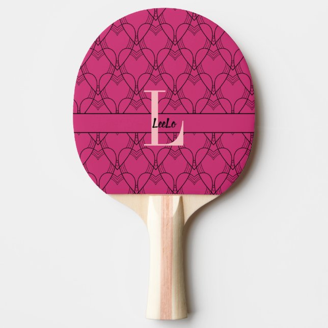 Pink Hearts Pattern Monogram and Name Custom Ping Pong Paddle (Front)