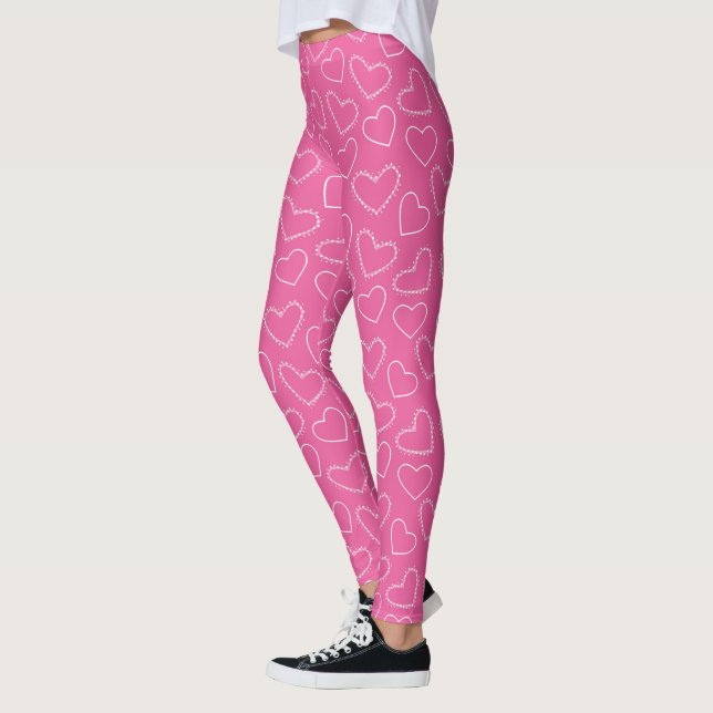Pink Hearts Pattern Pink Leggings Womens, Girls (Left)