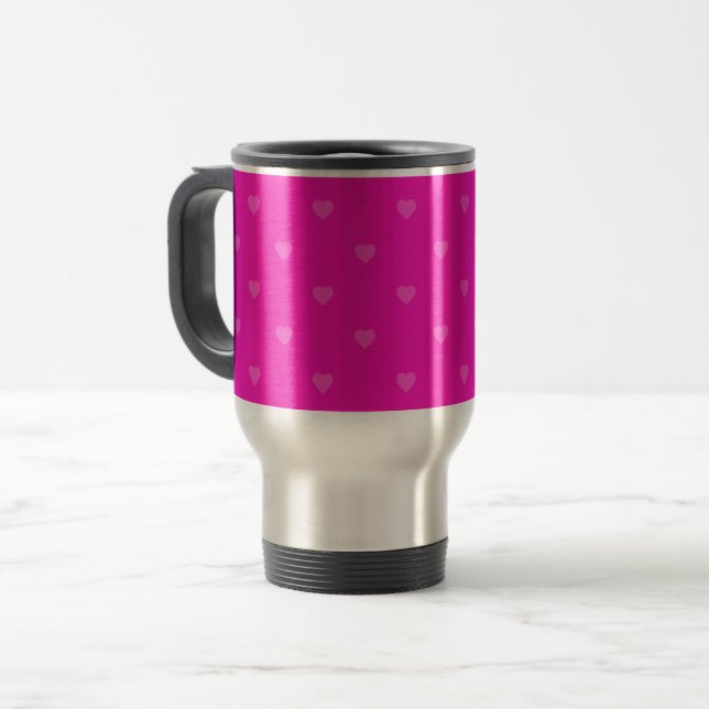Pink hearts pattern travel mug (Front Left)