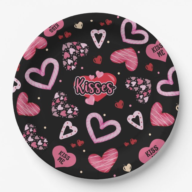 Pink Hearts Pattern Valentine's Day Paper Plate (Front)