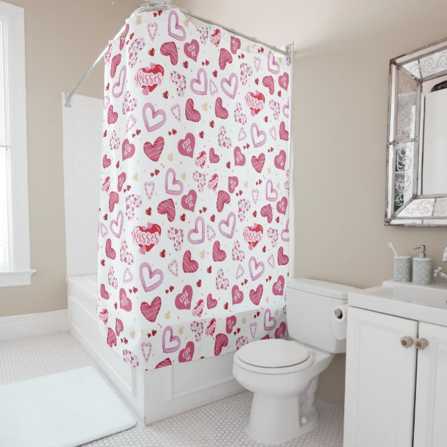 Pink Hearts Pattern Valentine's Day Shower Curtain (In Situ)