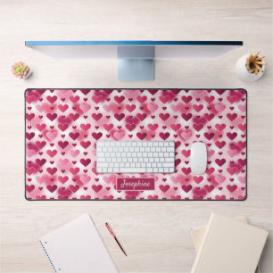 Pink Hearts Pattern With Custom Name Desk Mat