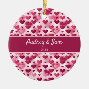 Pink Hearts Pattern With Custom Text Ceramic Tree Decoration