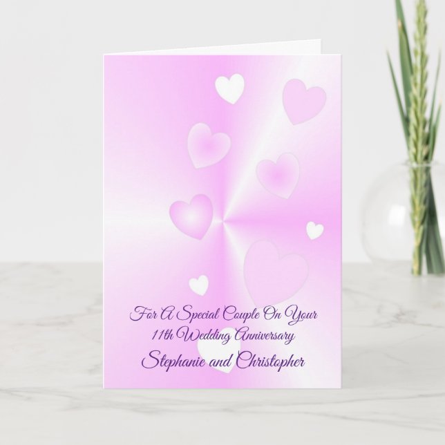 Pink Hearts Personalised 11th Wedding Anniversary Card (Front)