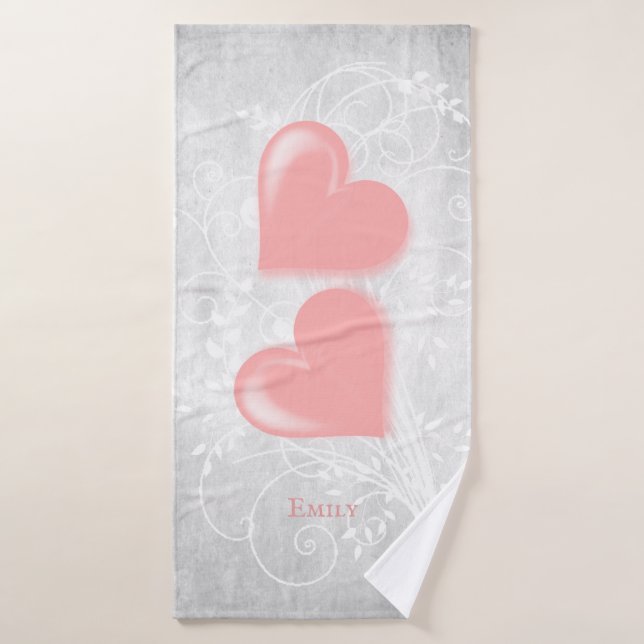 Pink Hearts Personalised Bath Towel Set (Bath Towel)