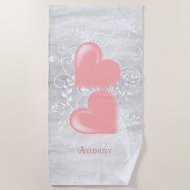 Pink Hearts Personalised Beach Towel (Front)