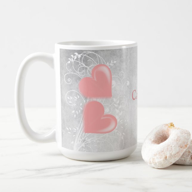 Pink Hearts Personalised Coffee Mug (With Donut)