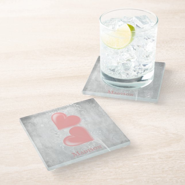 Pink Hearts Personalised Glass Coaster (Angled)