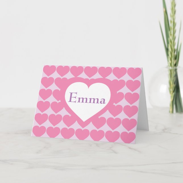 Pink Hearts Personalised Heart Note Card (Front)