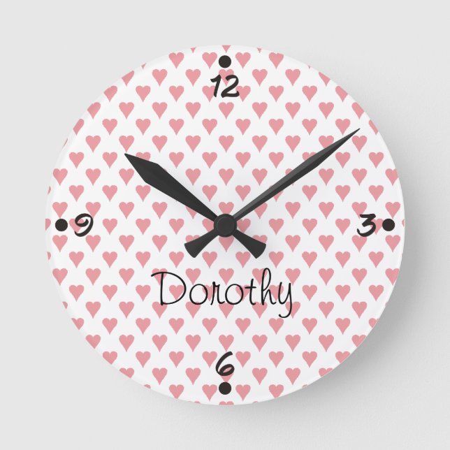 Pink Hearts Personalised Name Girly Wall Clocks (Front)