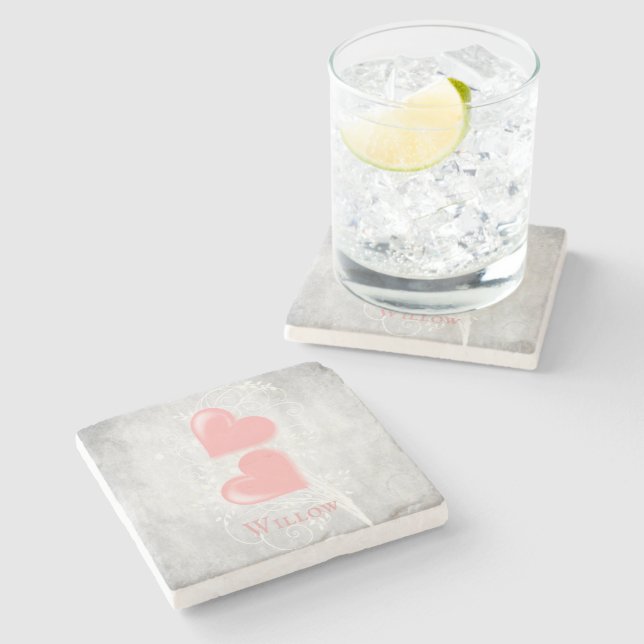 Pink Hearts Personalised Stone Coaster (Side)