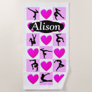 PINK HEARTS PERSONALIZED GYMNASTICS BEACH TOWEL