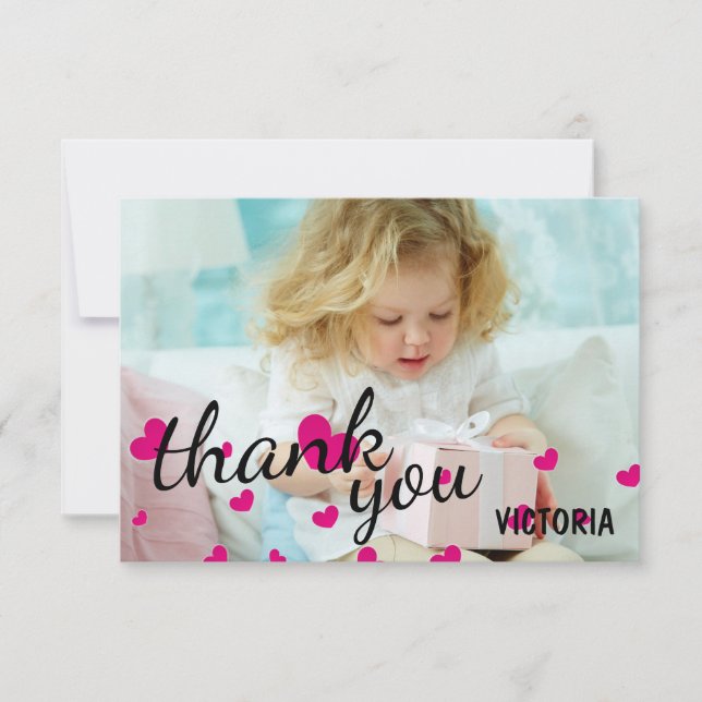 Pink Hearts Photo - 3x5 Thank You Flat Card (Front)