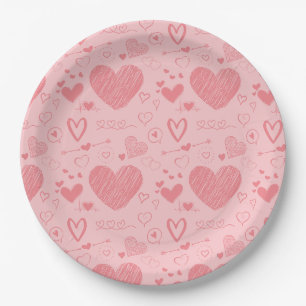 pink hearts - pink backgroud pattern paper plate